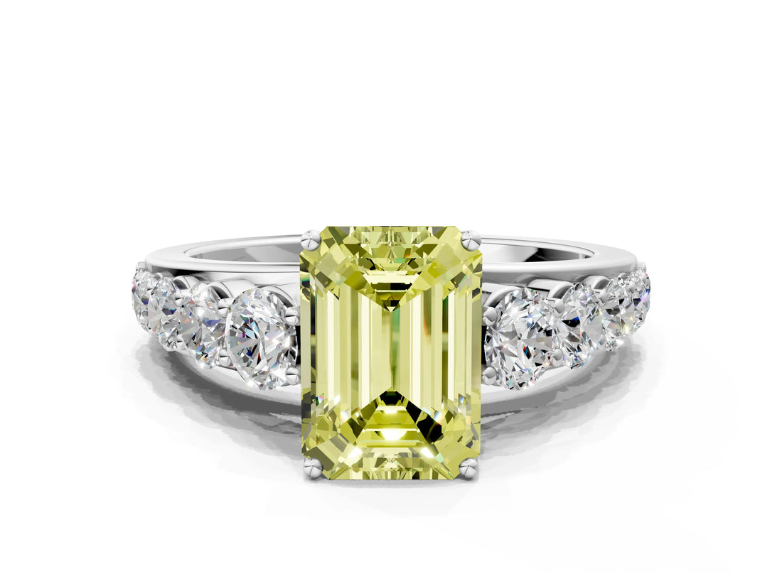 Silver Fancy Yellow Emerald Cut Brilliant Diamond Pavé Band with Six-Prong Setting_18