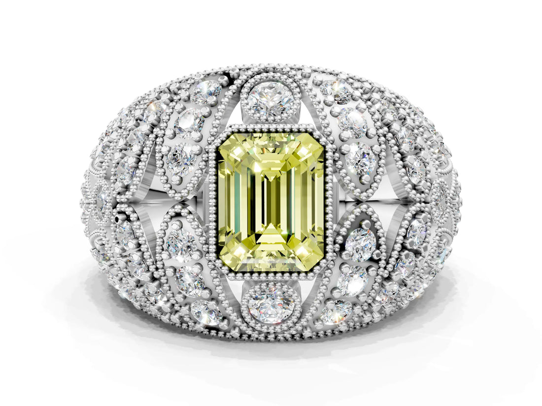 Silver Fancy Yellow Emerald Cut Brilliant Halo Pave Diamond Milgrain Ring_6