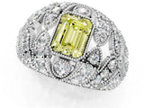 Silver Fancy Yellow Emerald Cut Brilliant Halo Pave Diamond Milgrain Ring_7