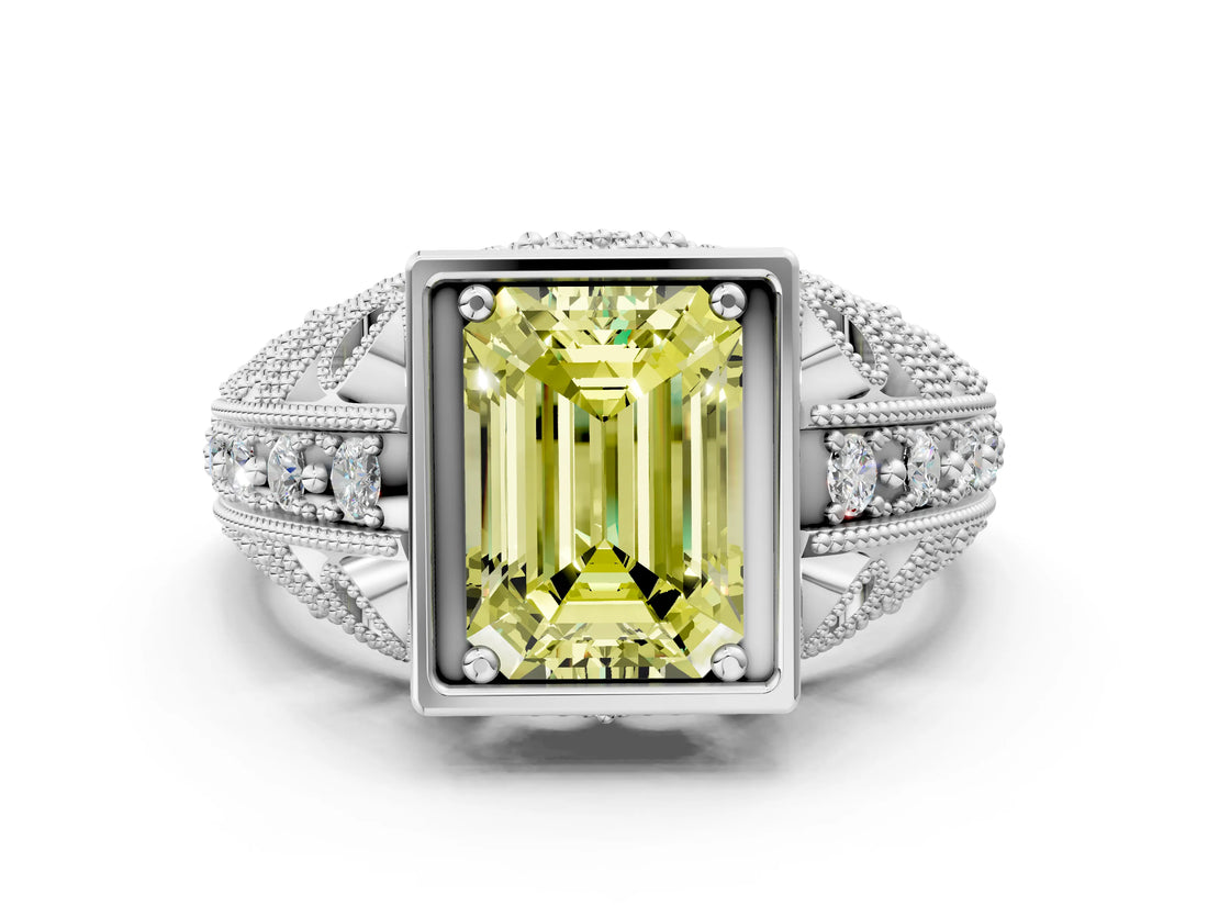 Silver Fancy Yellow Emerald Cut Brilliant Milgrain Filigree Diamond Ring with Square Prong Setting_6