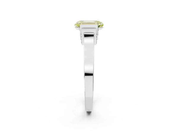 Silver Fancy Yellow Emerald Cut Brilliant Solitaire Diamond Ring with Channel Set Band and Bar Prong Setting