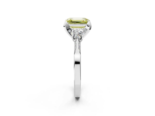 Sterling Silver Emerald Cut Three Stone Hidden Halo Engagement Ring Setting for Fancy Yellow Center