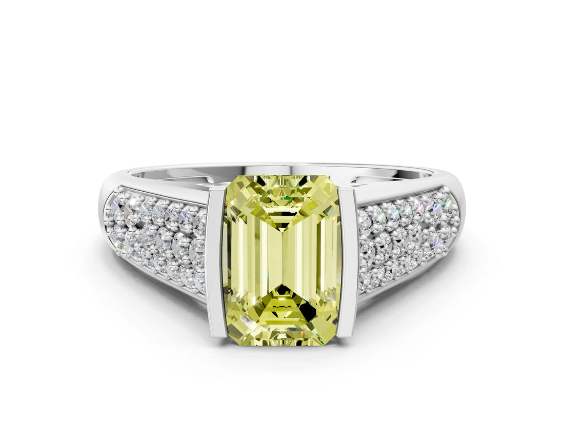 Silver Fancy Yellow Emerald Cut Cut Diamond Channel Set Pave Band with Tension Prong Setting_12