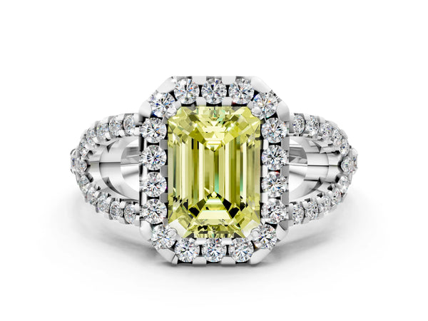 Sterling Silver Emerald Cut Split Shank Pave Halo Engagement Ring Setting for Fancy Yellow Center