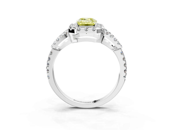 Sterling Silver Emerald Cut Split Shank Pave Halo Engagement Ring Setting for Fancy Yellow Center