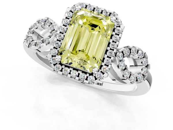 Sterling Silver Emerald Cut Pave Infinity Halo Engagement Ring Setting for Fancy Yellow Center