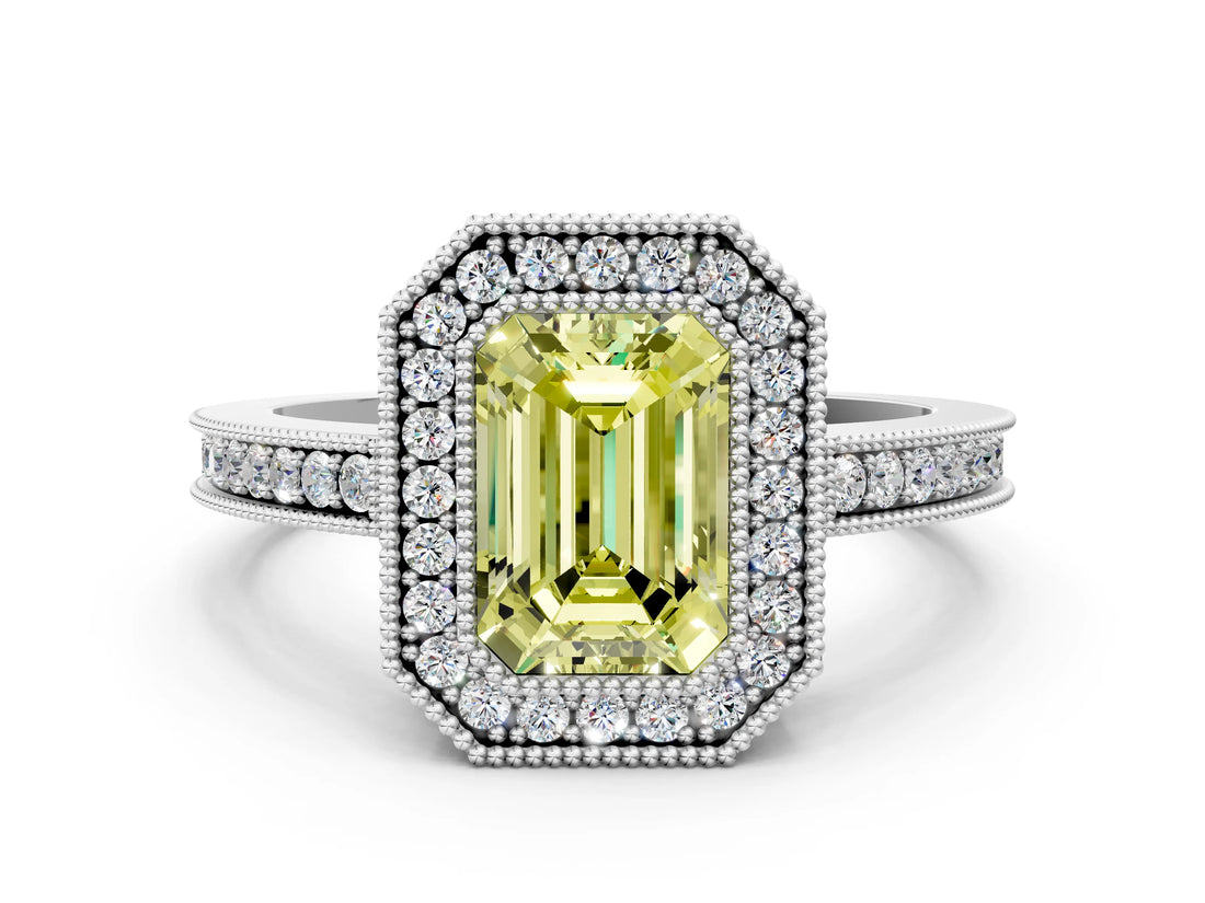 Silver Fancy Yellow Emerald Cut Cut Halo Pavé Diamond Ring_6