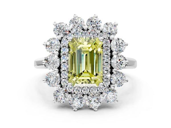 Sterling Silver Emerald Cut Floral Double Halo Engagement Ring Setting for Fancy Yellow Center
