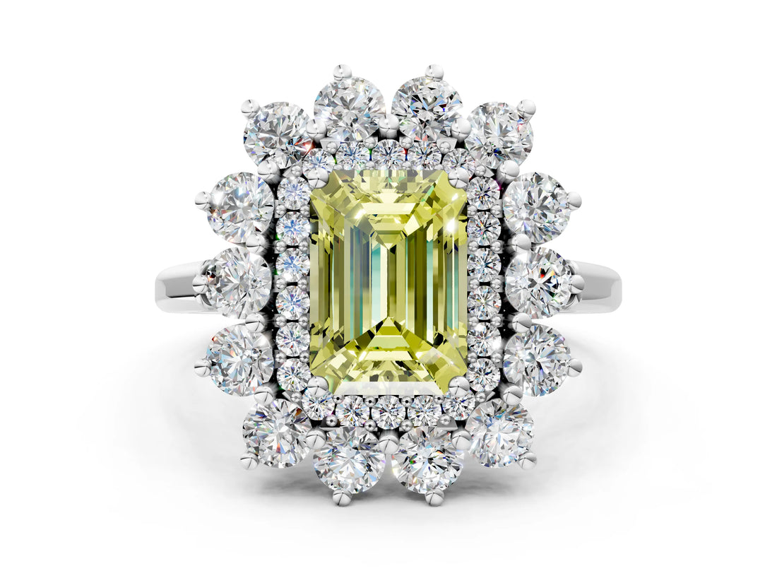 Silver Fancy Yellow Emerald Cut Diamond Floral Double Halo Engagement Ring with Prong Setting_42