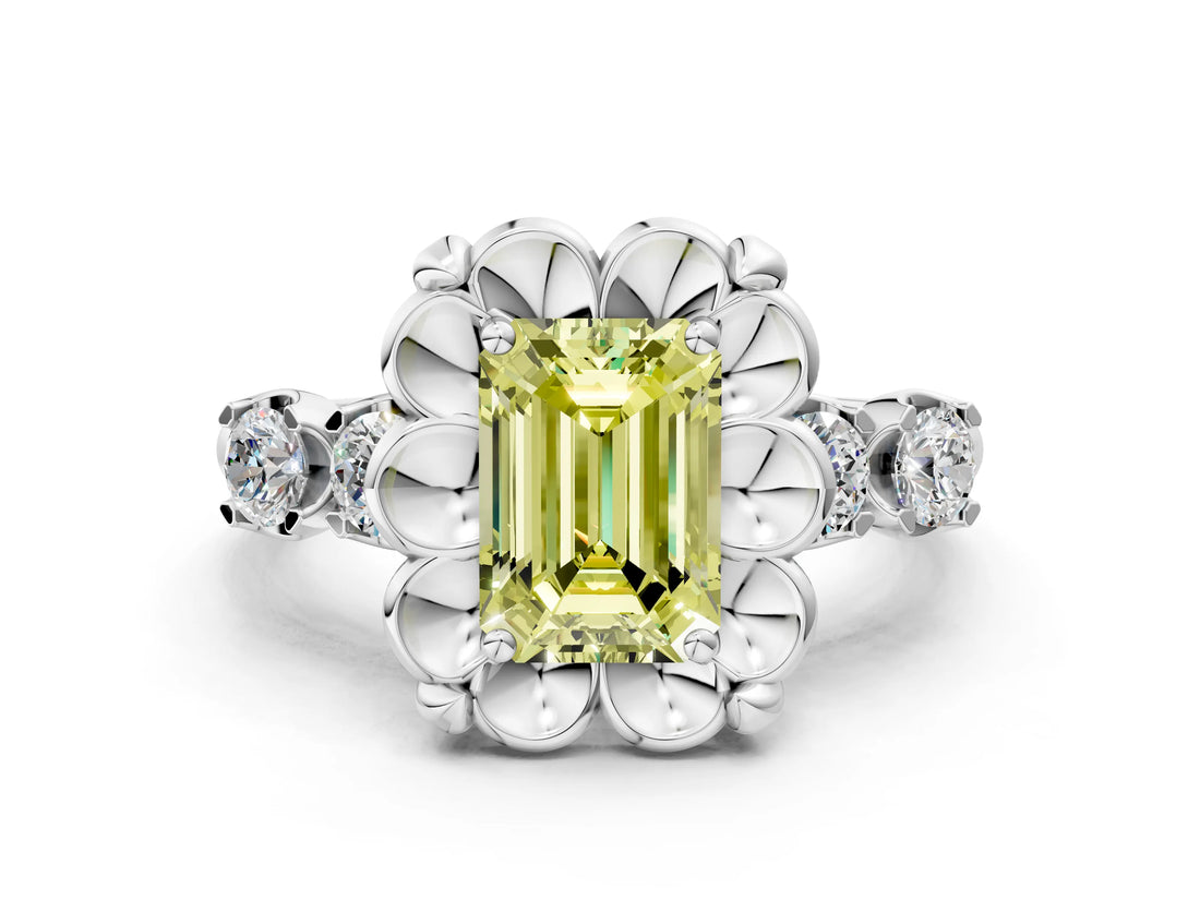 Silver Fancy Yellow Emerald  Cut Diamond Floral Halo Engagement Ring with Shared Prong Setting 1