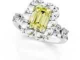 Silver Fancy Yellow Emerald  Cut Diamond Floral Halo Engagement Ring with Shared Prong Setting 2