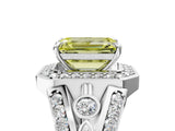 Silver Fancy Yellow Emerald Cut Diamond Halo Ring with Split Shank and Bezel Accents and Four-Prong Setting_11