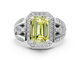 Silver Fancy Yellow Emerald Cut Diamond Halo Ring with Split Shank and Bezel Accents and Four-Prong Setting_6