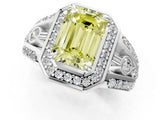 Silver Fancy Yellow Emerald Cut Diamond Halo Ring with Split Shank and Bezel Accents and Four-Prong Setting_7