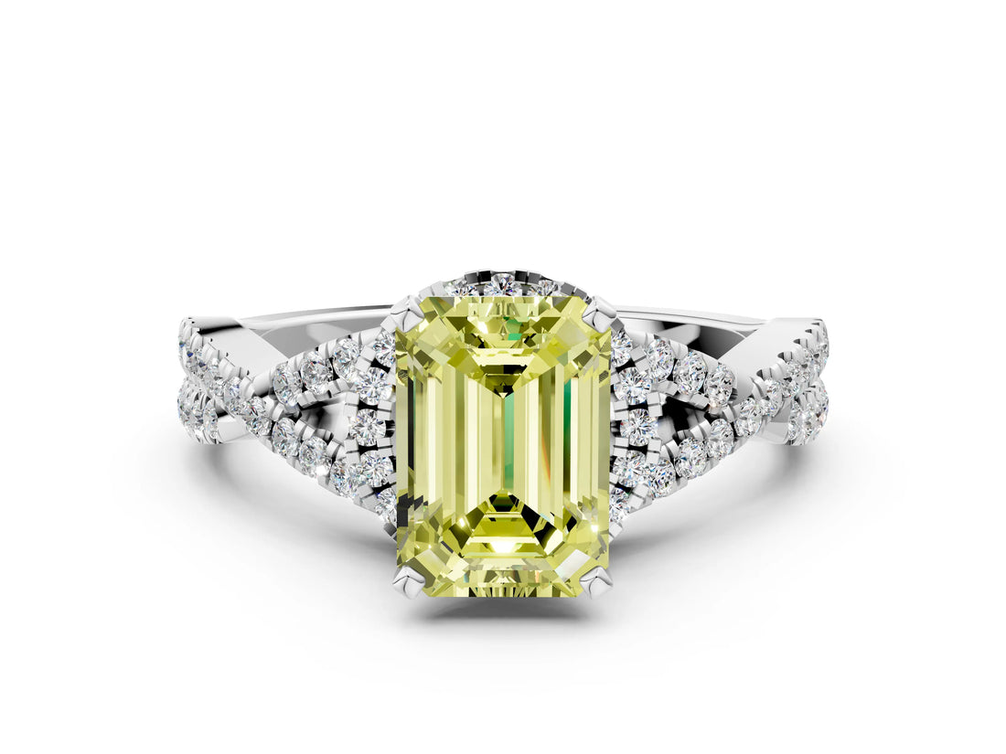 Silver Fancy Yellow Emerald Cut Diamond  Halo Twist Band Solitaire Prong Setting Ring_12