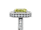 Silver Fancy Yellow Emerald Cut Diamond Milgrain Halo Engagement Ring with Round Pavé Band and Prong Setting_17