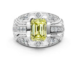 Silver Fancy Yellow Emerald Cut Diamond Pave Art Deco Split Shank Ring with Four-Prong Setting_6