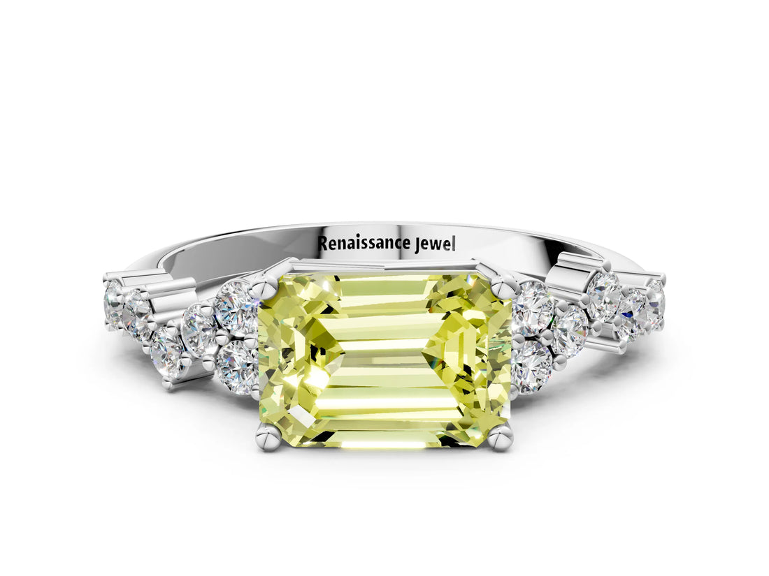 Silver Fancy Yellow Emerald Cut Diamond Scattered Round Accent Ring with Prong Setting