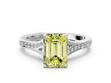 Silver Fancy Yellow Emerald Cut Diamond Solitaire Ring with Pavé Band and Prong Setting_12