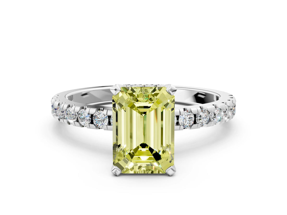 Silver Fancy Yellow Emerald Cut Diamond Solitaire Ring with Round  Pavé Band and Four-Prong Setting_40