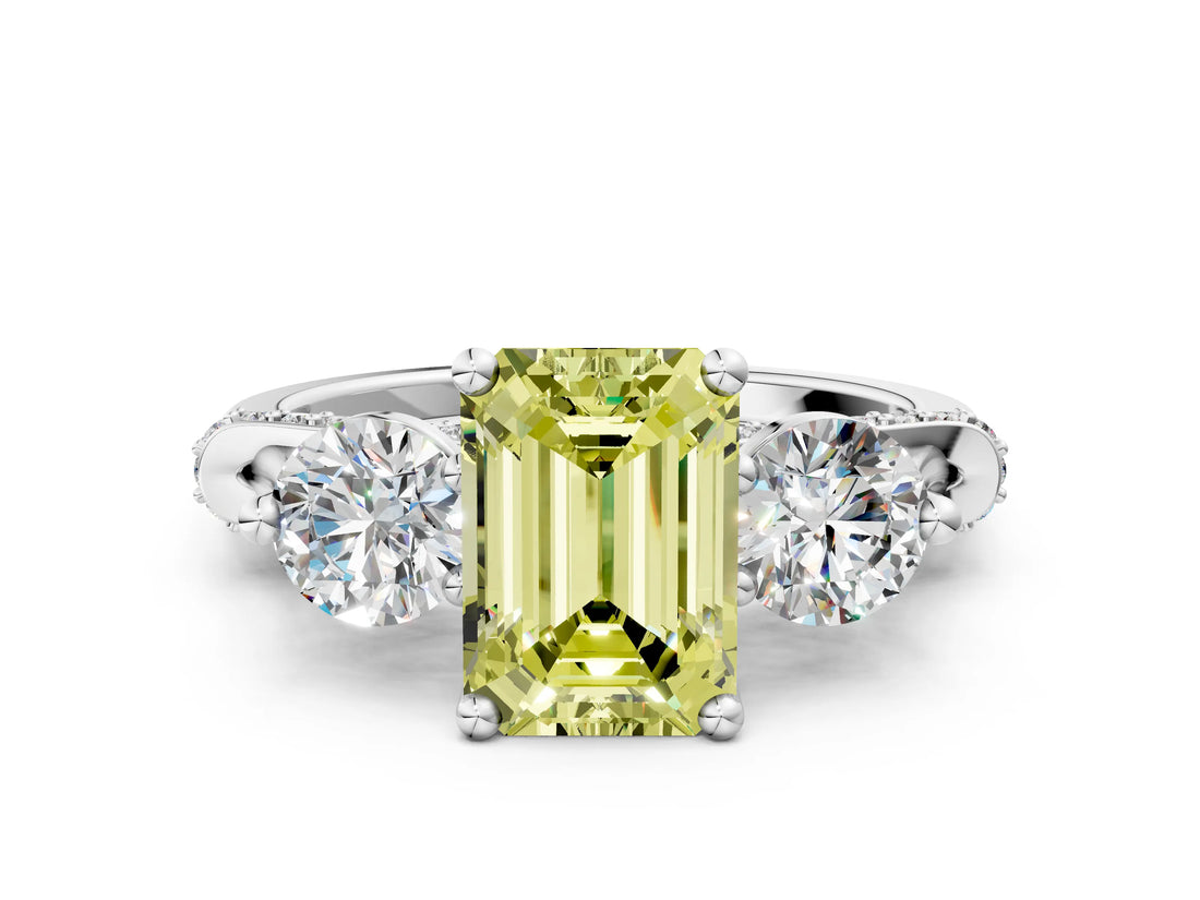 Silver Fancy Yellow Emerald Cut Diamond Three-Stone Ring with Prong Setting and Pavé Band_6