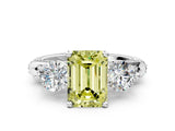 Silver Fancy Yellow Emerald Cut Diamond Three-Stone Ring with Prong Setting and Pavé Band_6