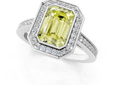 Silver Fancy Yellow Emerald Cut Halo Bezel Diamond Pave Band Ring_7