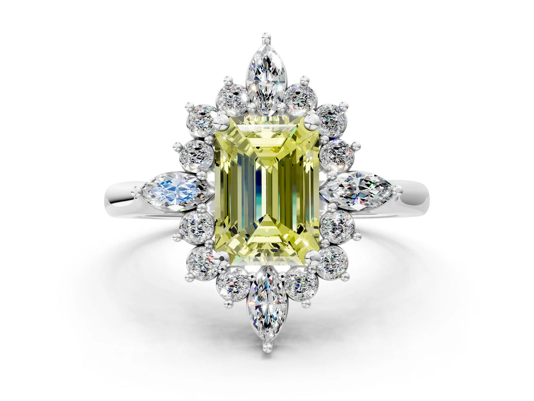 Silver Fancy Yellow Emerald Cut Halo Diamond Cluster Ring with Marquise and Round Stones on a White Gold Band with Prong Setting