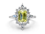 Silver Fancy Yellow Emerald Cut Halo Diamond Cluster Ring with Marquise and Round Stones on a White Gold Band with Prong Setting