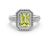 Silver Fancy Yellow Emerald Cut Halo Diamond Ring with Beaded Split Shank and Four-Prong Setting_6