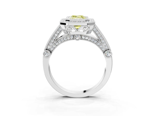 Sterling Silver Emerald Cut Vintage Bezel Halo Engagement Ring Setting for Fancy Yellow Center
