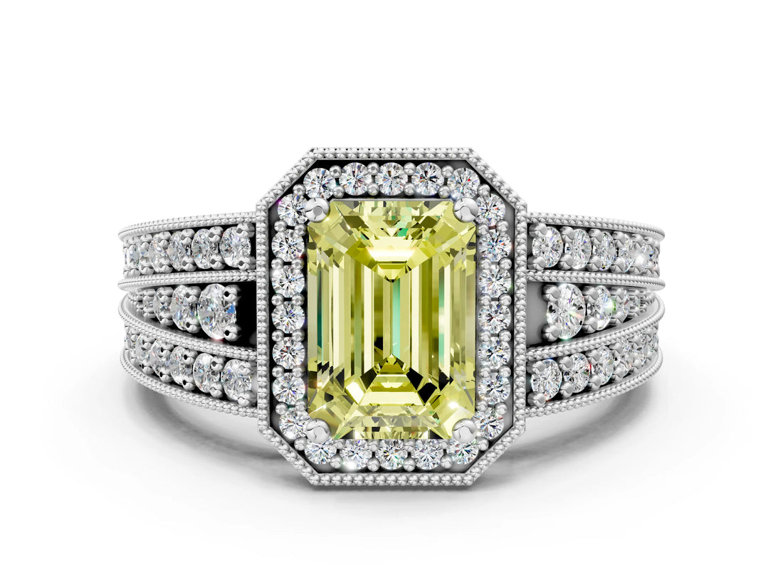 Silver Fancy Yellow Emerald Cut Halo Diamond Split Shank Ring with Prong Setting_18