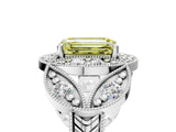 Silver Fancy Yellow Emerald Cut Halo Milgrain Diamond Engagement Ring with Leaf Band and Four-Prong Setting_11