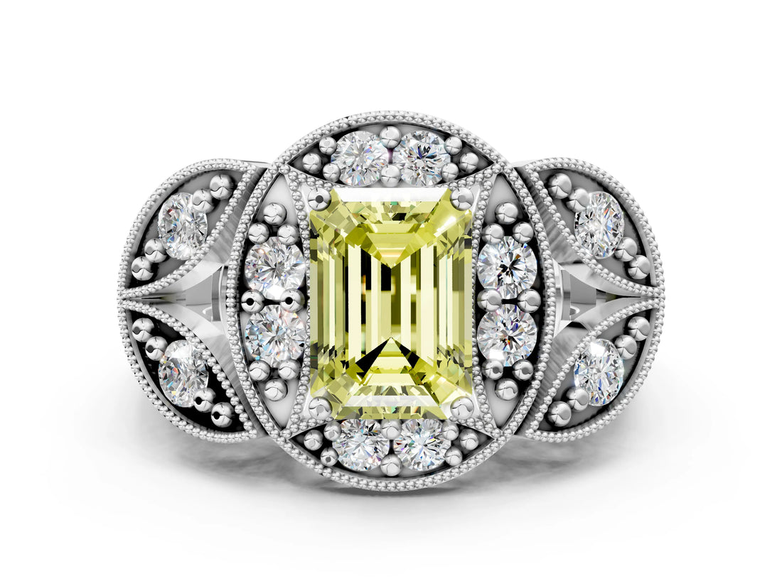 Silver Fancy Yellow Emerald Cut Halo Milgrain Diamond Engagement Ring with Leaf Band and Four-Prong Setting_6
