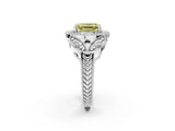 Silver Fancy Yellow Emerald Cut Halo Milgrain Diamond Engagement Ring with Leaf Band and Four-Prong Setting_8