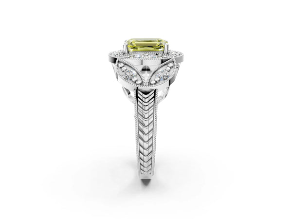 Silver Fancy Yellow Emerald Cut Halo Milgrain Diamond Engagement Ring with Leaf Band and Four-Prong Setting