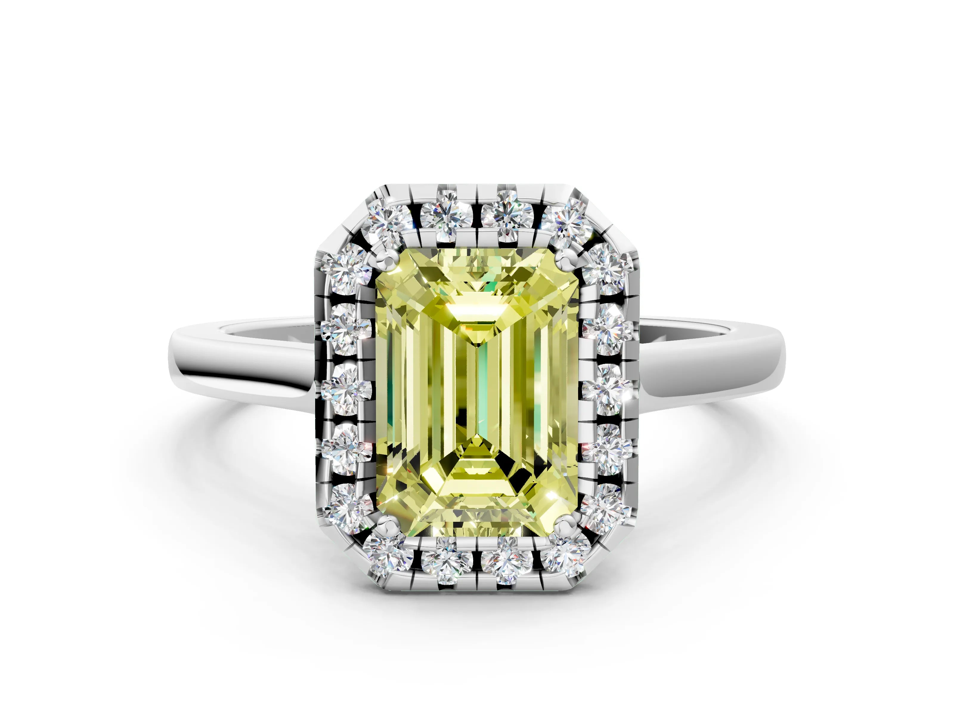 Silver Fancy Yellow Emerald Cut Halo Round Diamond Solitaire Ring with Pavé Band and Four-Prong Setting_24