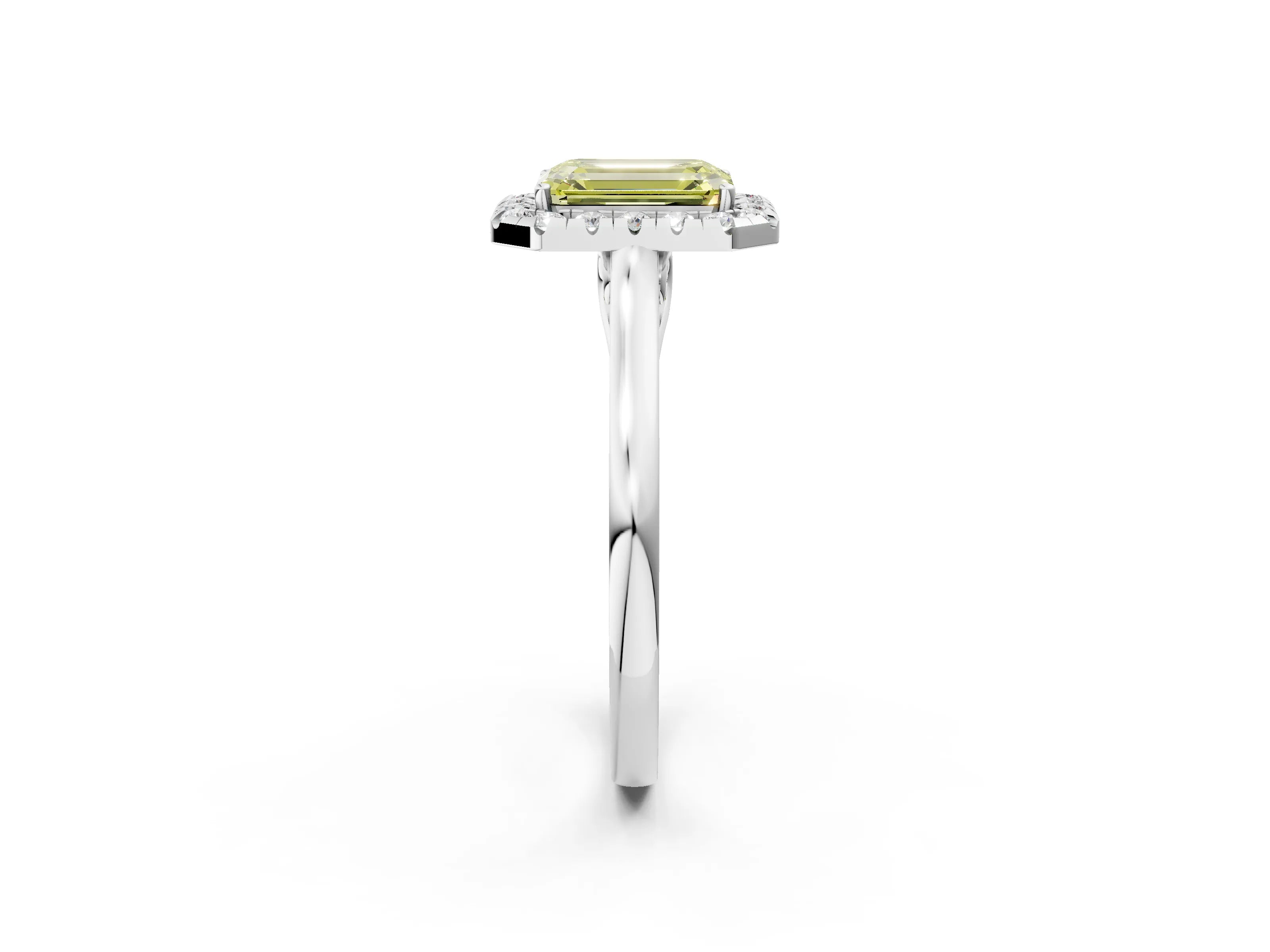 Silver Fancy Yellow Emerald Cut Halo Round Diamond Solitaire Ring with Pavé Band and Four-Prong Setting_26