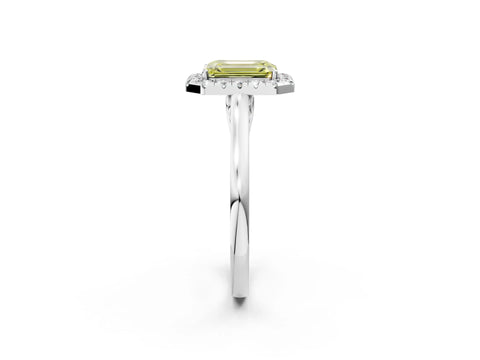 Silver Fancy Yellow Emerald Cut Halo Round Diamond Solitaire Ring with Pavé Band and Four-Prong Setting_26