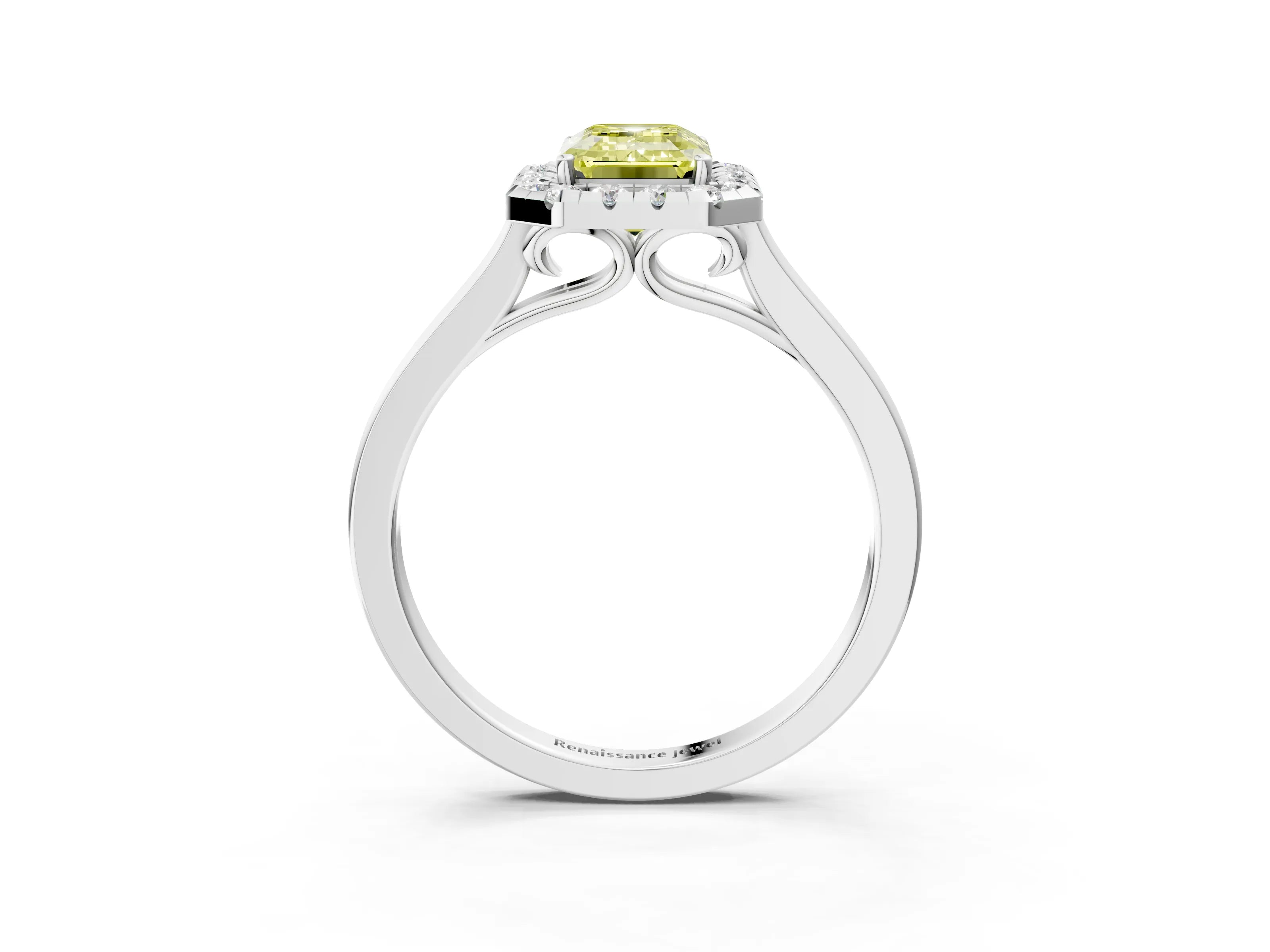 Silver Fancy Yellow Emerald Cut Halo Round Diamond Solitaire Ring with Pavé Band and Four-Prong Setting_27