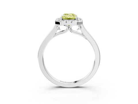 Silver Fancy Yellow Emerald Cut Halo Round Diamond Solitaire Ring with Pavé Band and Four-Prong Setting_27