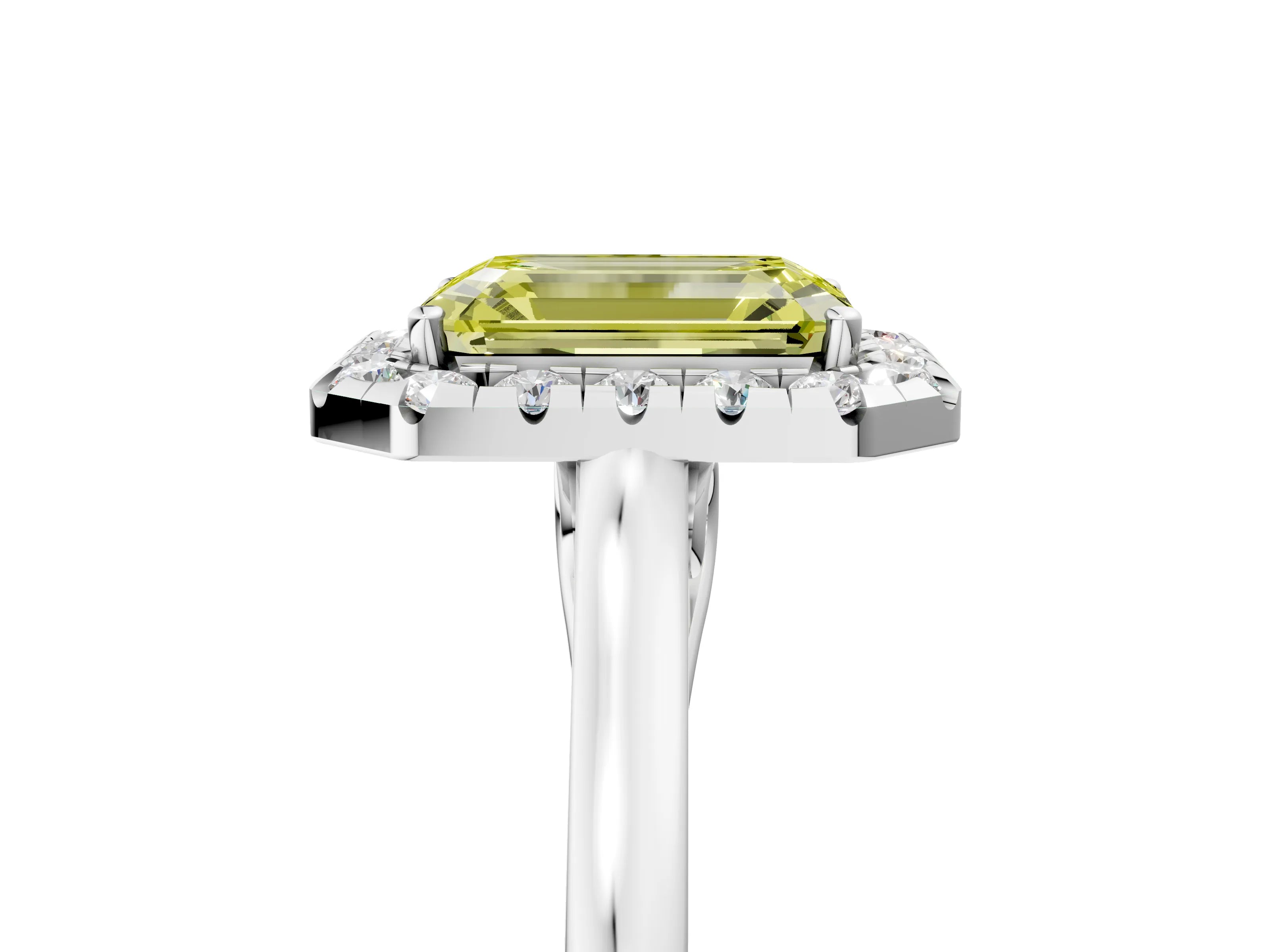 Silver Fancy Yellow Emerald Cut Halo Round Diamond Solitaire Ring with Pavé Band and Four-Prong Setting_29