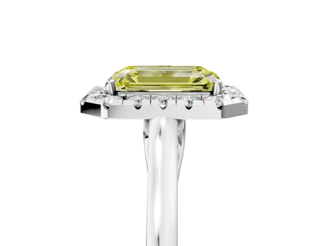 Silver Fancy Yellow Emerald Cut Halo Round Diamond Solitaire Ring with Pavé Band and Four-Prong Setting_29
