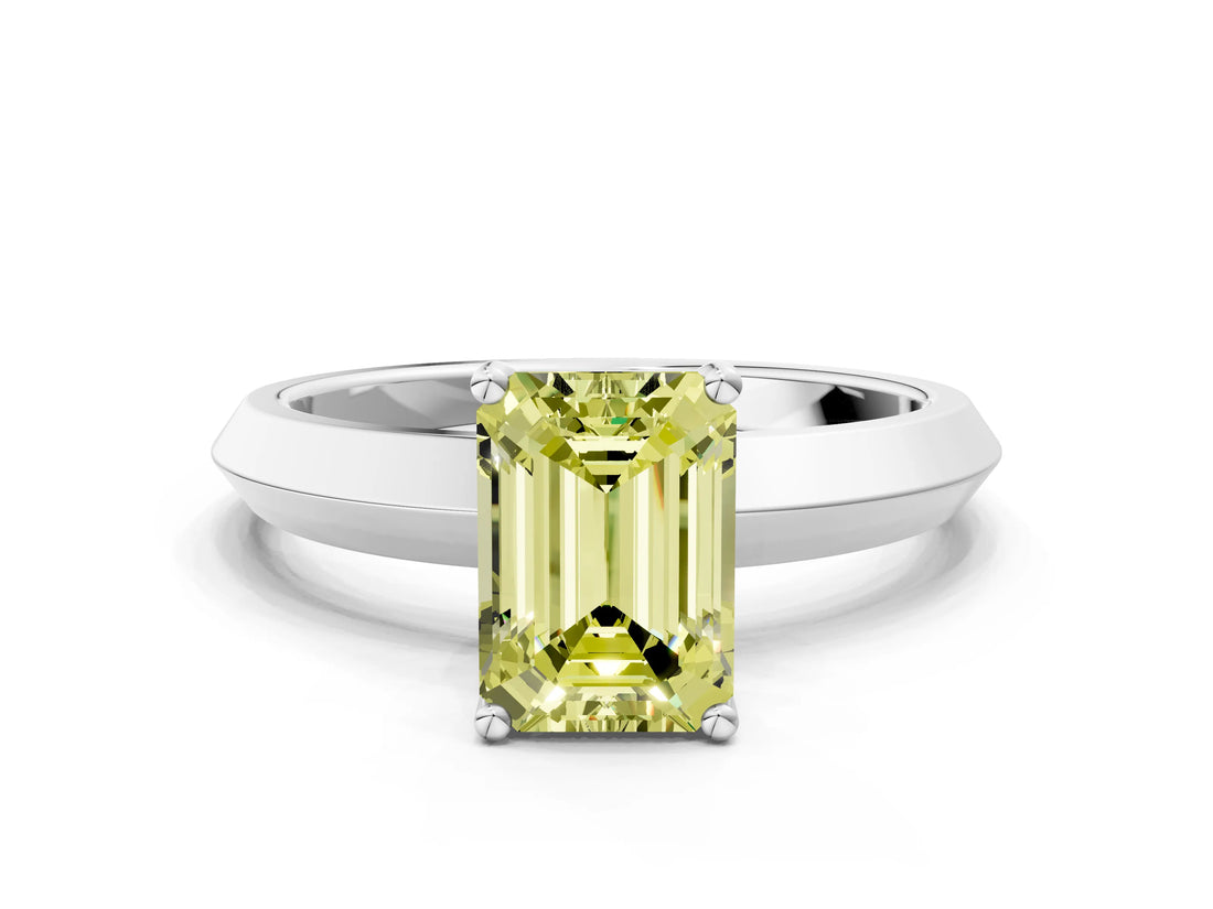 Silver Fancy Yellow Emerald  Cut Solitaire Engagement Ring with Flat Band and Four-Prong Setting
