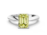 Silver Fancy Yellow Emerald  Cut Solitaire Engagement Ring with Tapered Band and Four-Prong Setting