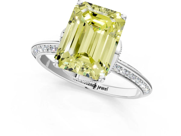Sterling Silver Emerald Cut Graduated Pave Engagement Ring Setting for Fancy Yellow Center