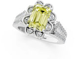 Silver Fancy Yellow Emerald  Halo Diamond Floral Split Shank Engagement Ring 1