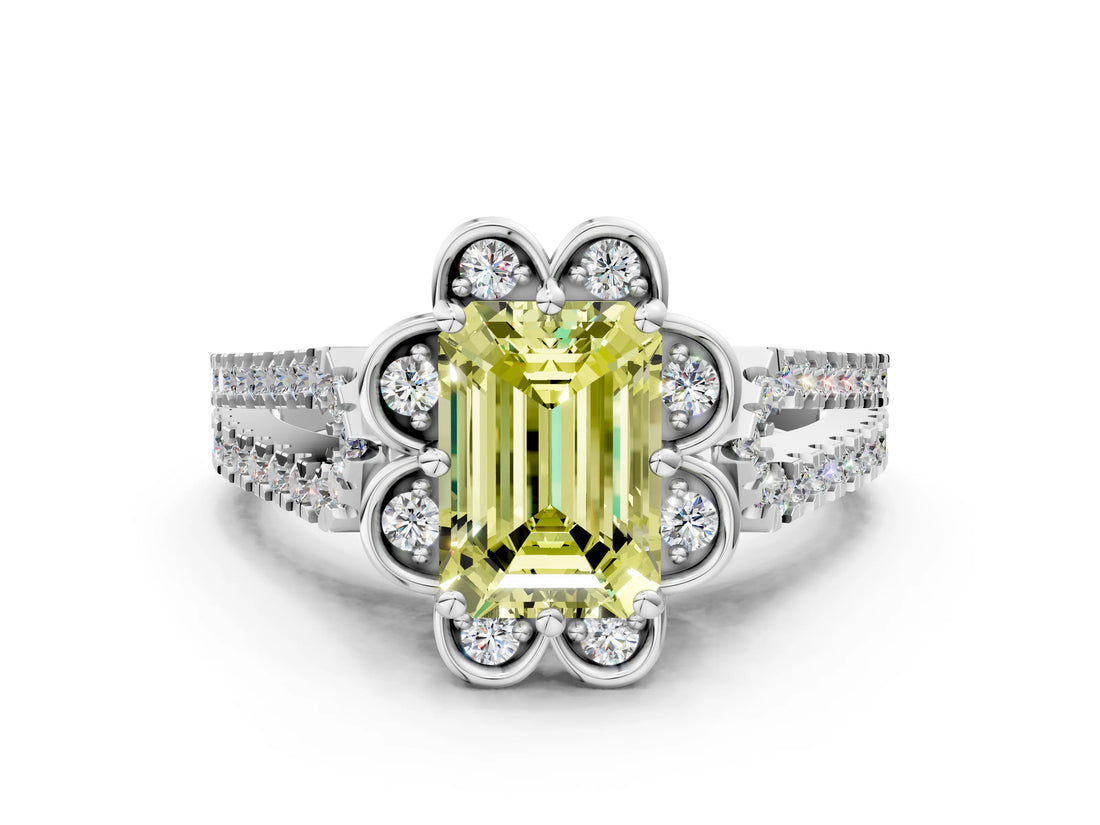 Silver Fancy Yellow Emerald  Halo Diamond Floral Split Shank Engagement Ring