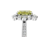 Silver Fancy Yellow Emerald  Halo Milgrain Pave Diamond Ring with Four-Prong Setting