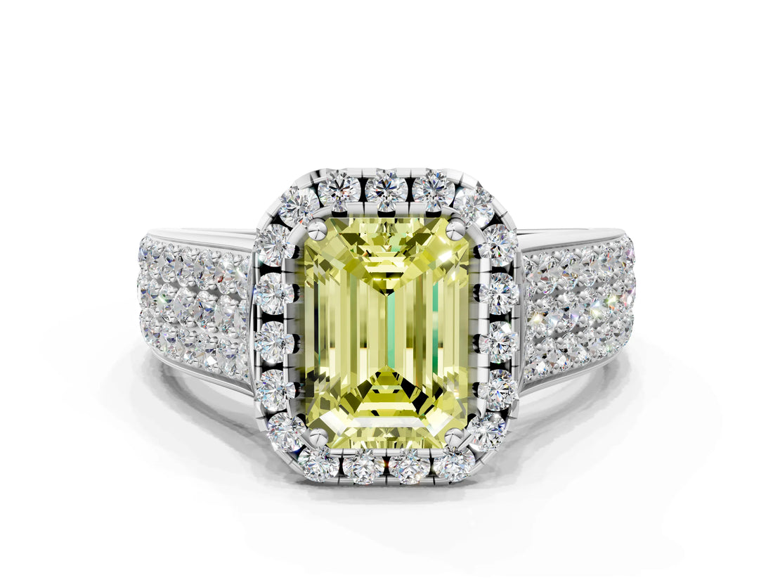 Silver Fancy Yellow Emerald  Halo Round Diamond Pave Band with Prong Setting